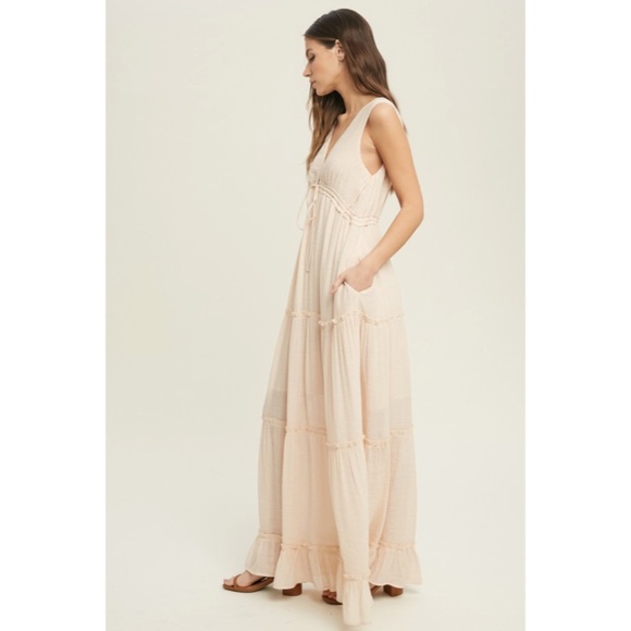 SOLD OUT Natural Bohemian Sleeveless Tiered Ruffle Drawstring Casual Maxi Dress - Picture 3 of 5